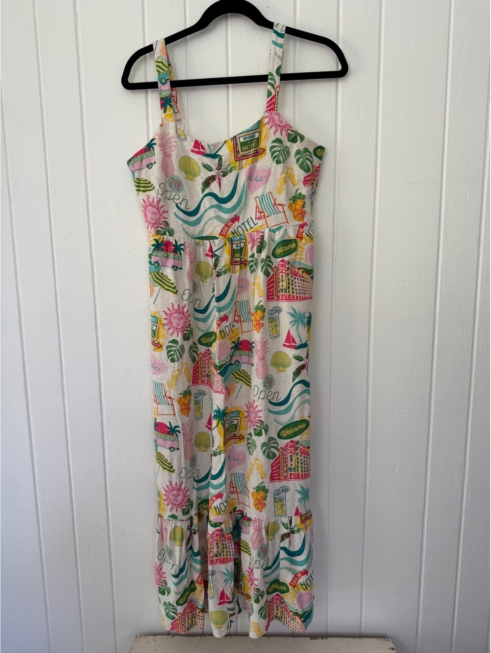 Vintage Style Sleeveless Maxi Dress with Colorful Miami Motel Print, Size M
